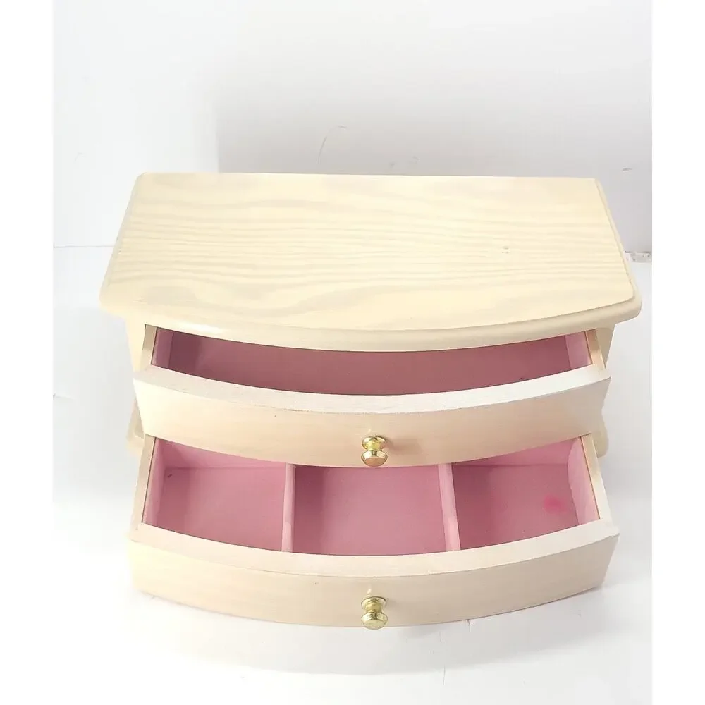 Wood Jewelry Box 2 Drawer Organizer Mirror Ring Storage Pink Lined Wooden Chest